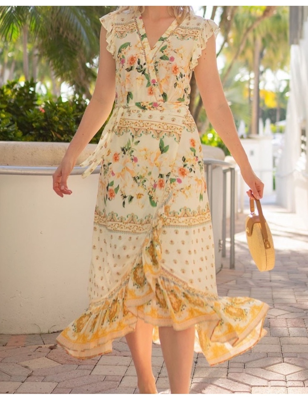 Farm Rio Anthropologie Maxi Dress Wrap Tea Rose Ivory Floral